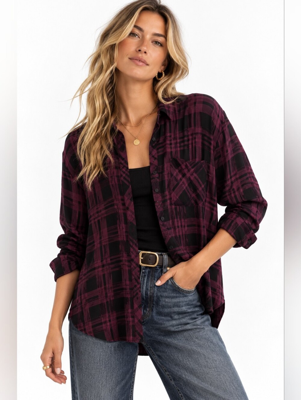 Rails Hunter Plaid Button Down Shirt Burgundy Black Metallic Large